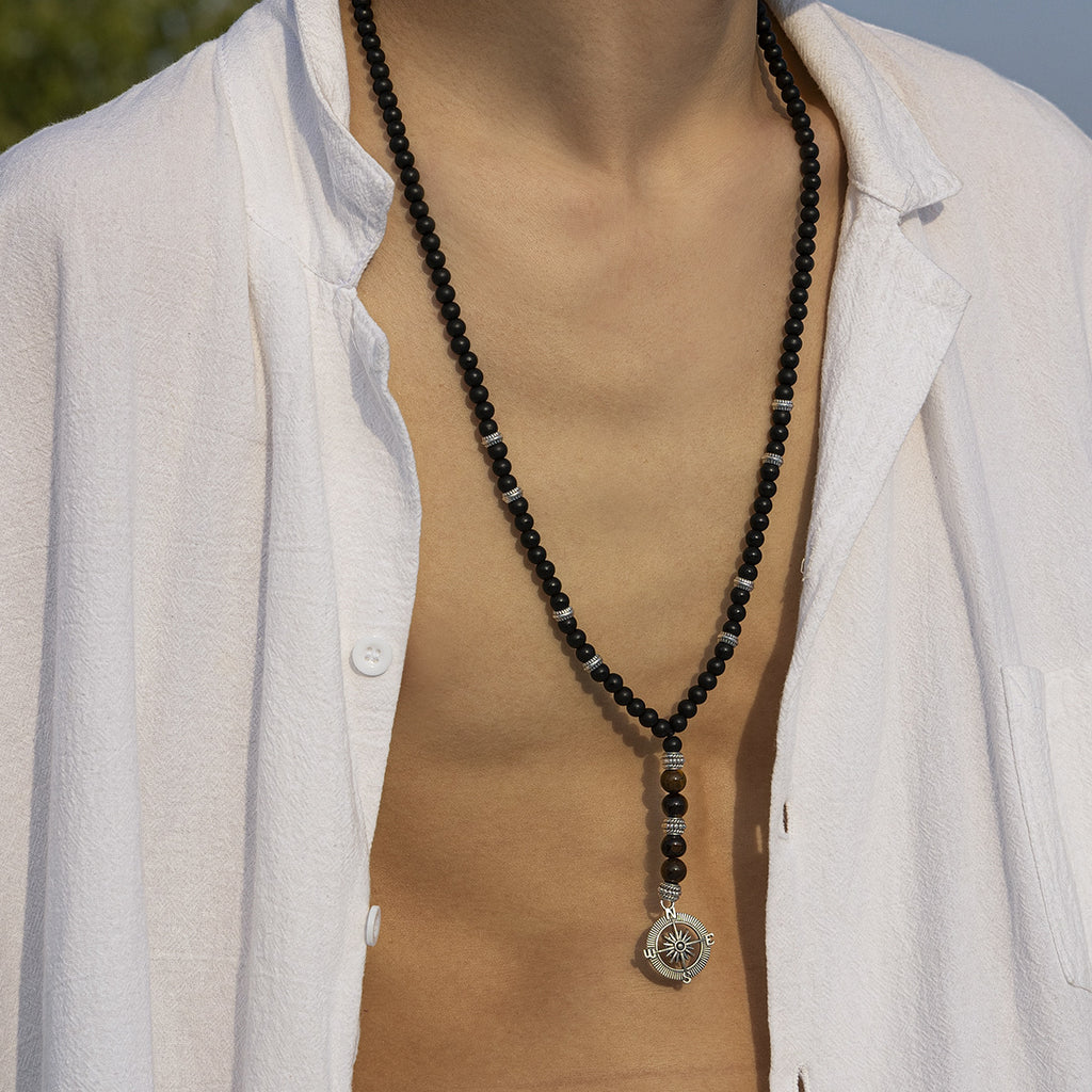 Black Brown Beads Anchor Wheel Silver Long Necklace Chain Men Bulk