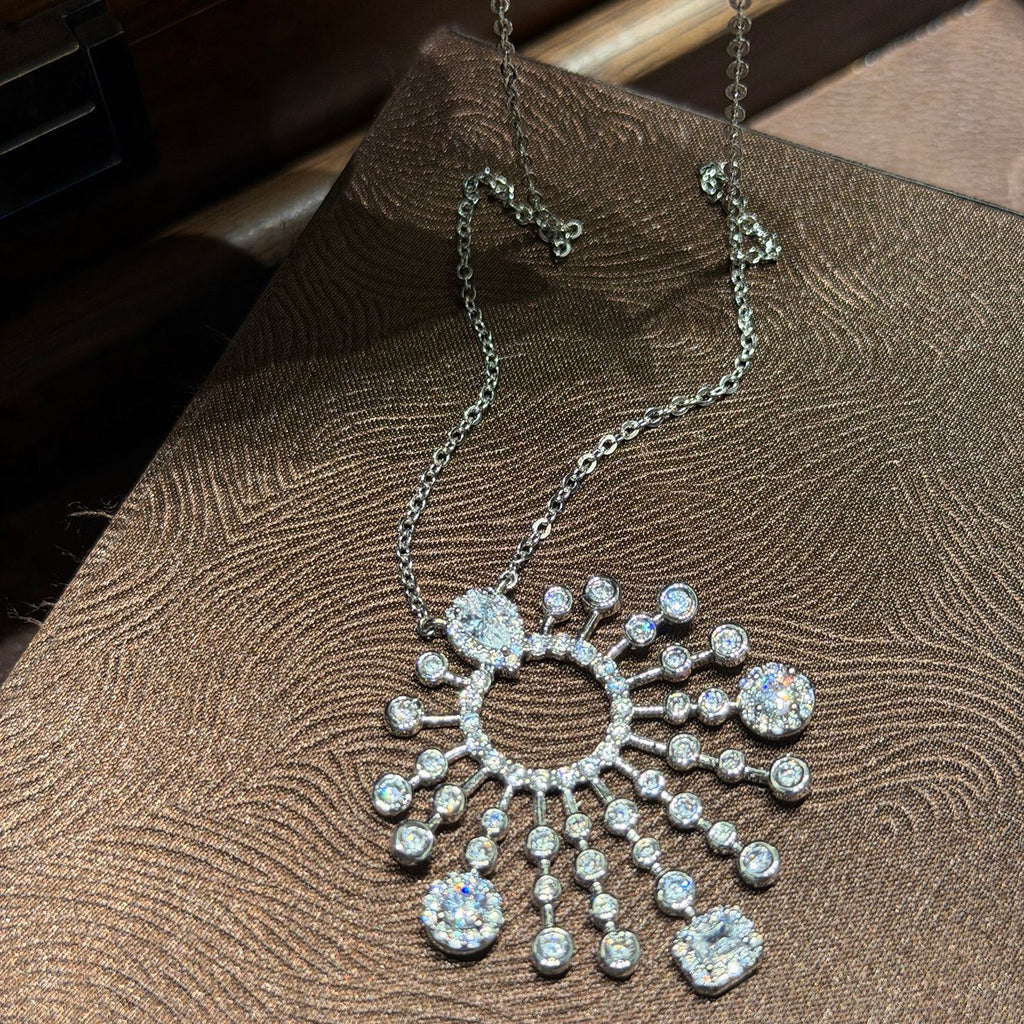Luxury Silver Plated Sunburst White CZ Crystals Copper Necklace Bulk
