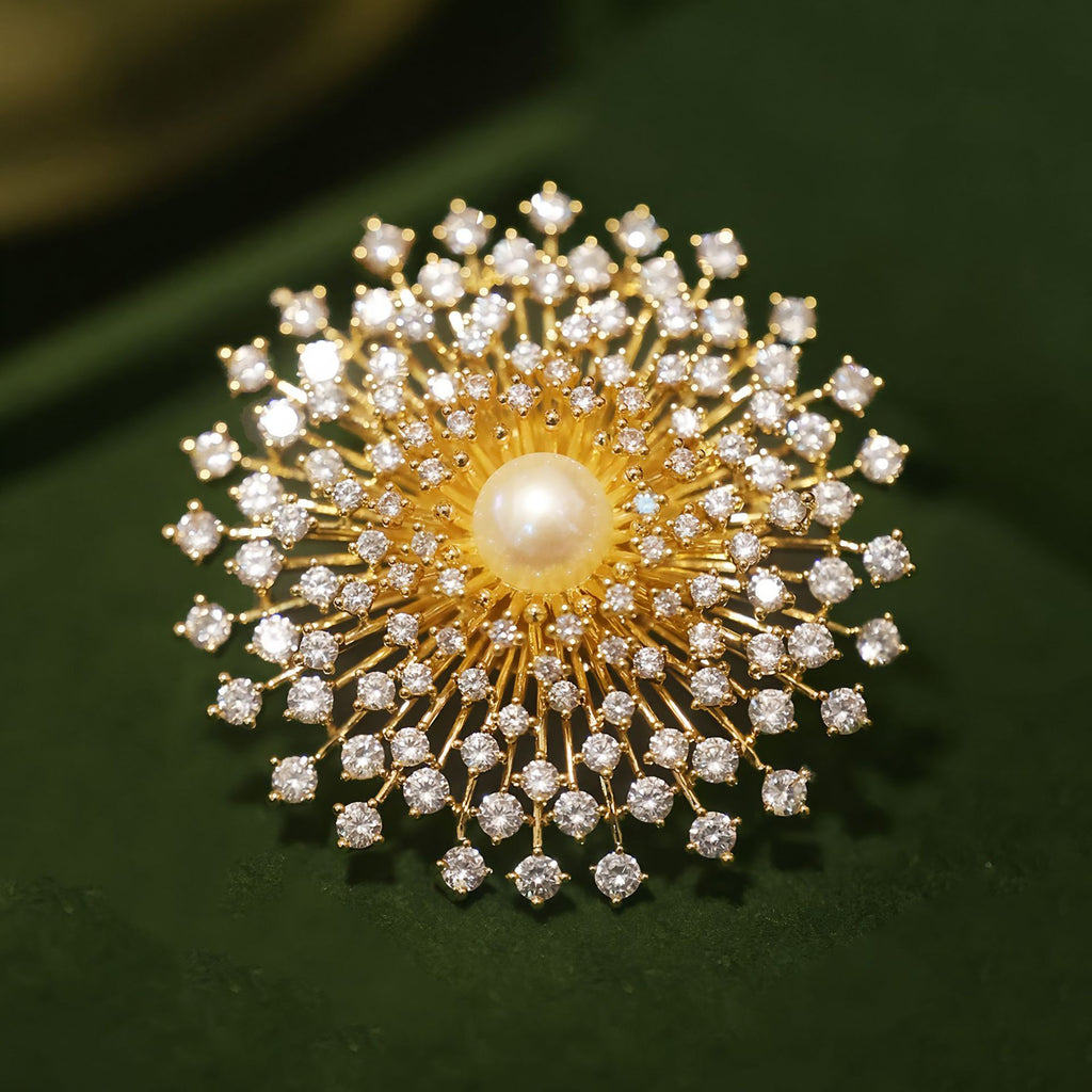 Designer Round Floral Gold Silver Plated CZ Pearl Copper Brooch Bulk