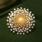 Designer Round Floral Gold Silver Plated CZ Pearl Copper Brooch Bulk