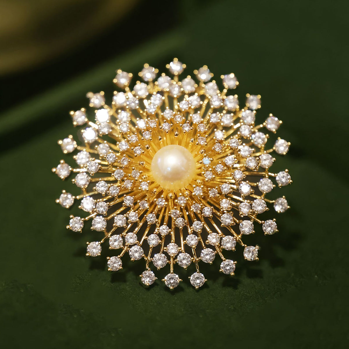 Designer Round Floral Gold Silver Plated CZ Pearl Copper Brooch Bulk