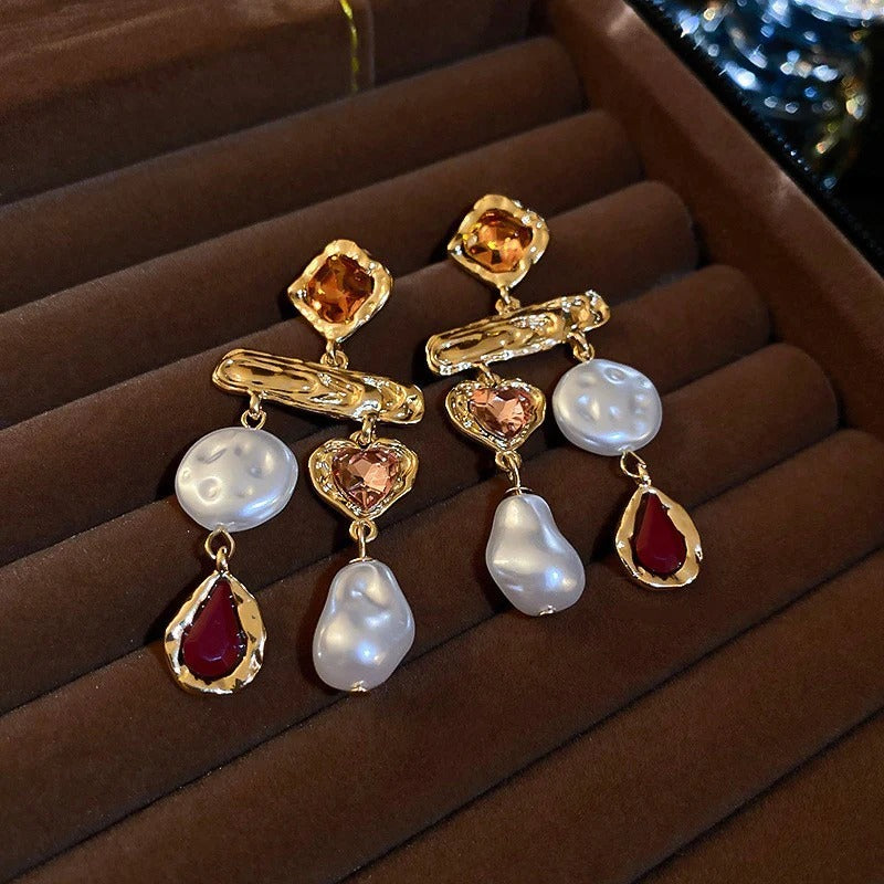 Beaten Finish Heart Drop Pearl Crystal Dangler Earring For Women Bulk Secondary image