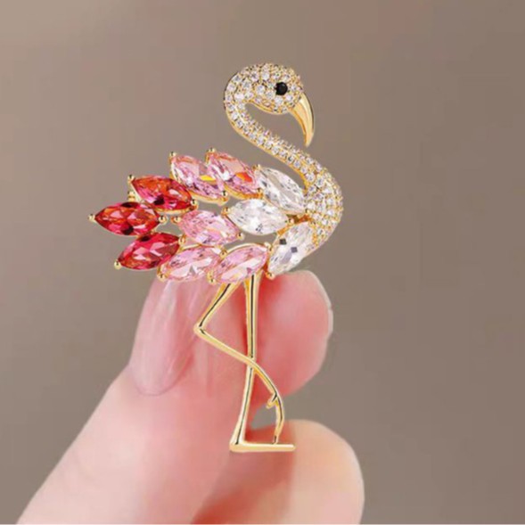 Multi Color Flamingo Gold Plated Crystal Brooch For Women Bulk