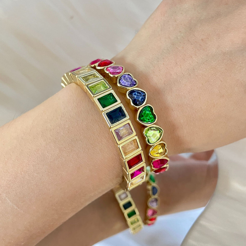 Multi Color Heart Tennis Rectangle Cubic Zirconia Copper Bracelet Bulk