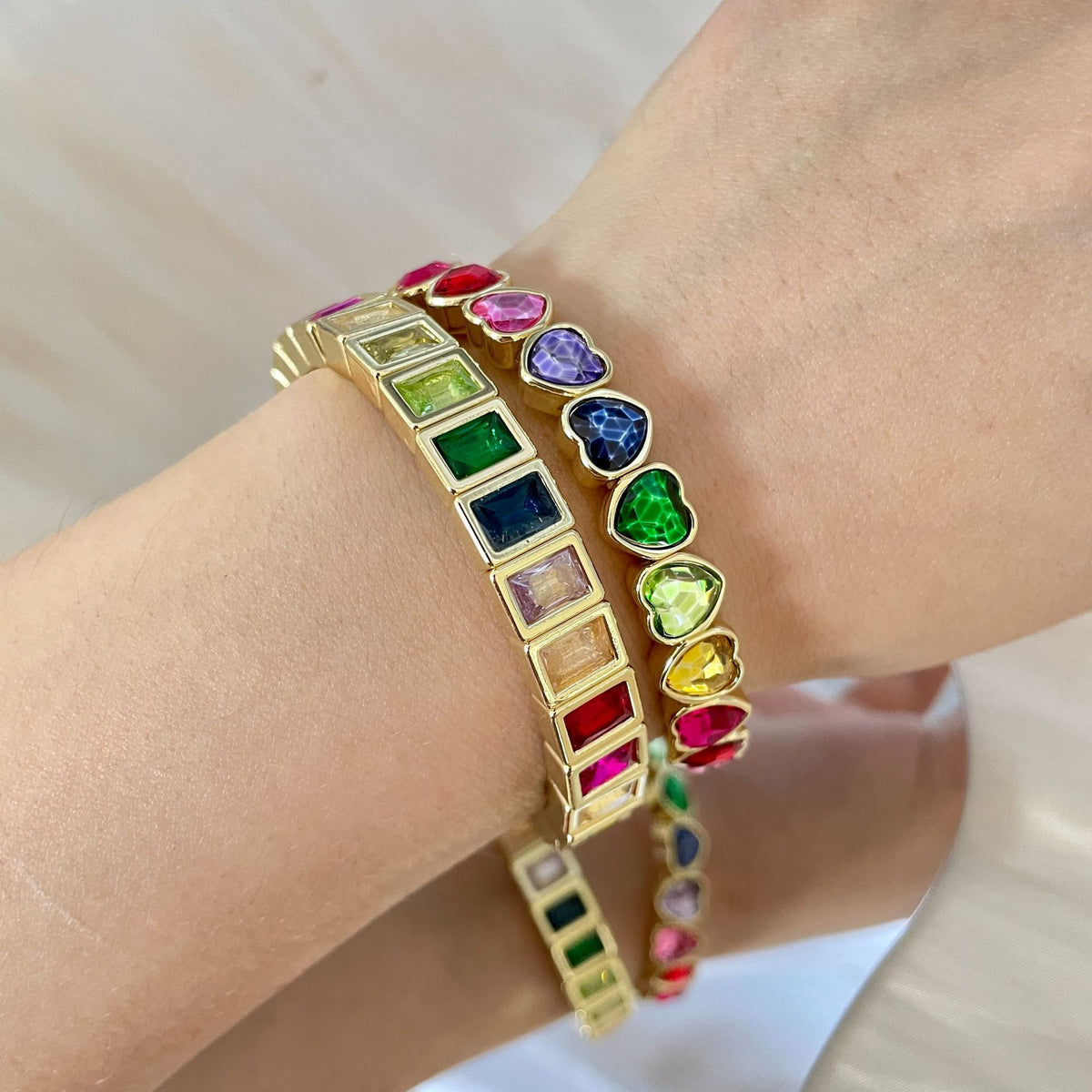 Multi Color Heart Tennis Rectangle Cubic Zirconia Copper Bracelet Bulk