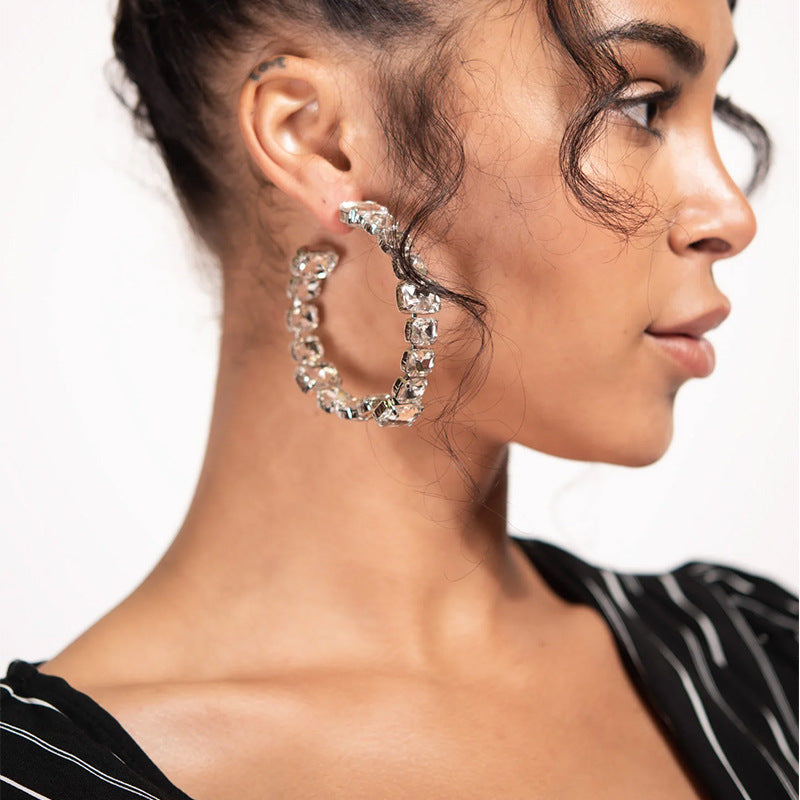 Square Rectangle Rhinestone Gold Silver Hoop Earring For Women
