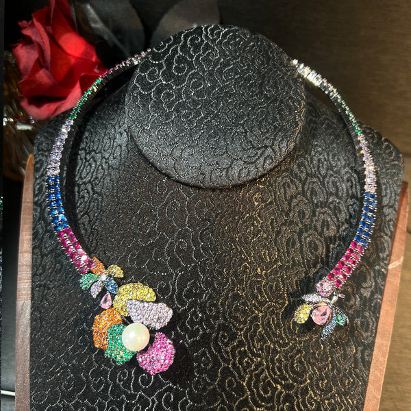 Rainbow Flower 18K Gold Multi Gemstone Pearl Crystal Cubic Zirconia Anti Tarnish Necklace Earring Set For Women Secondary image