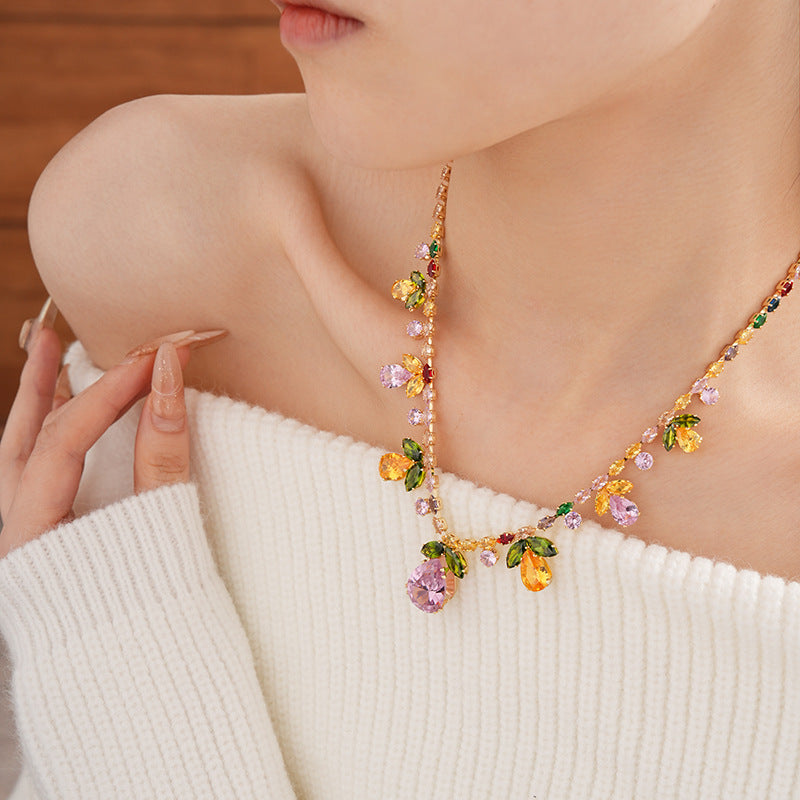 Drop Leaf Solitaire Crystal Pink Orange Anti Tarnish Necklace Earring Set For Women