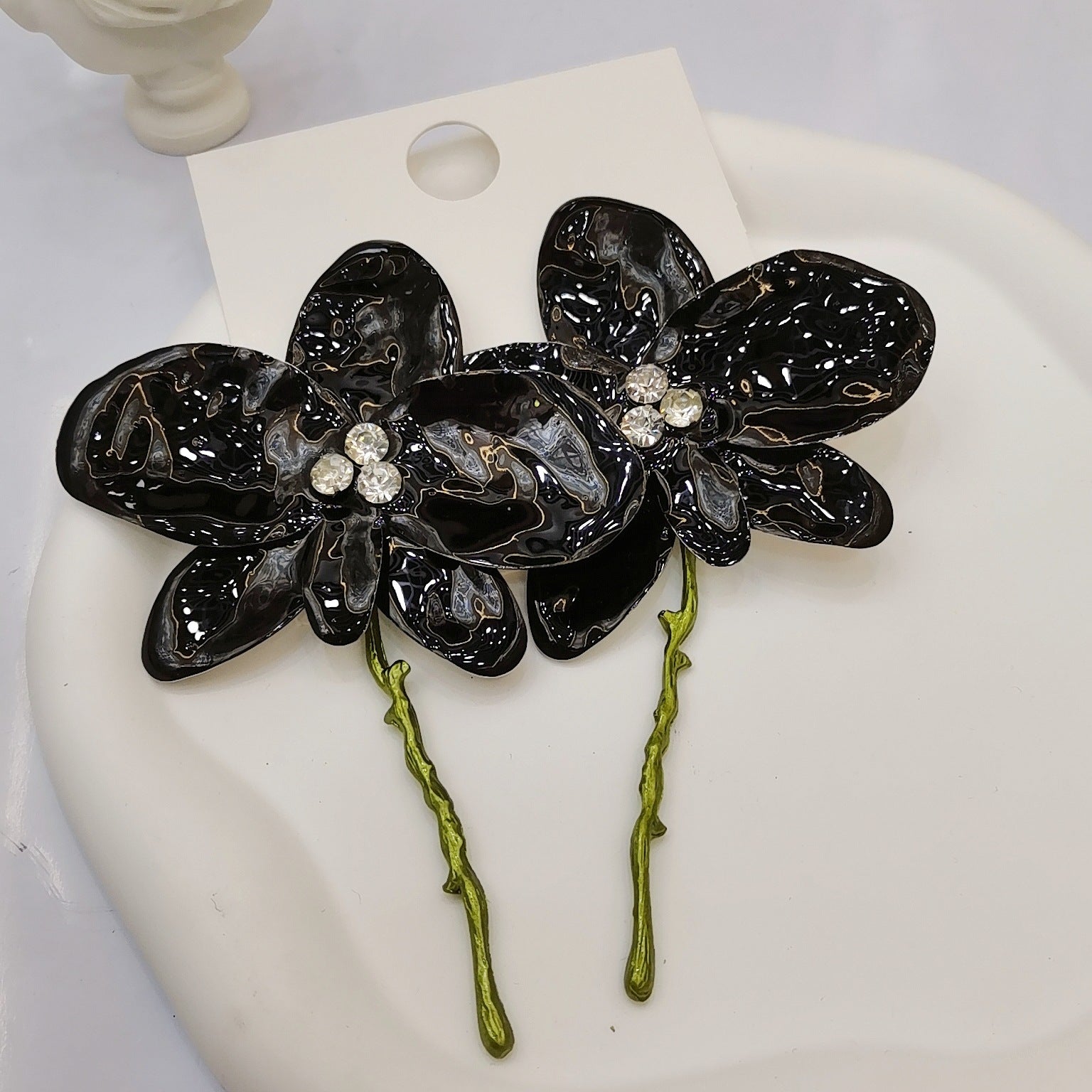 White Purple Black Flower Leaves Gold Enamel Dangler Earrings Bulk Secondary image