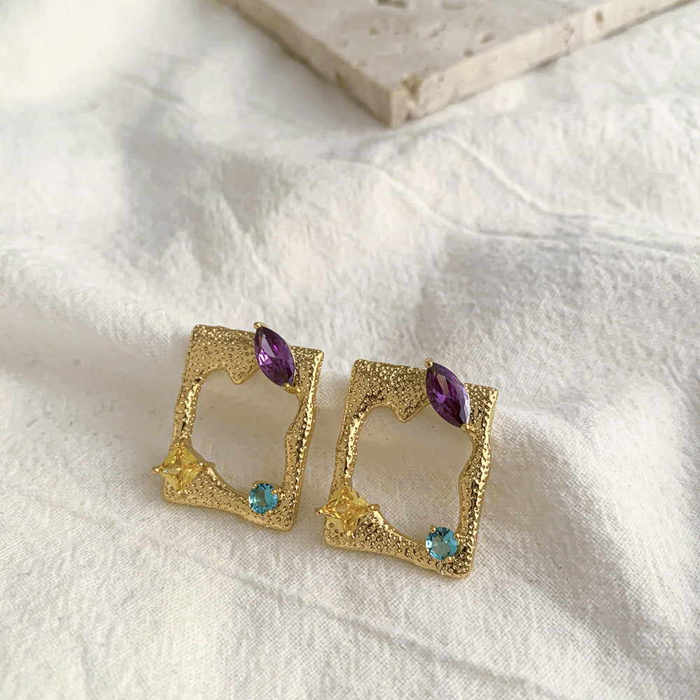 Multi Color Square Shape Gold CZ Stainless Steel Stud Earrings Bulk