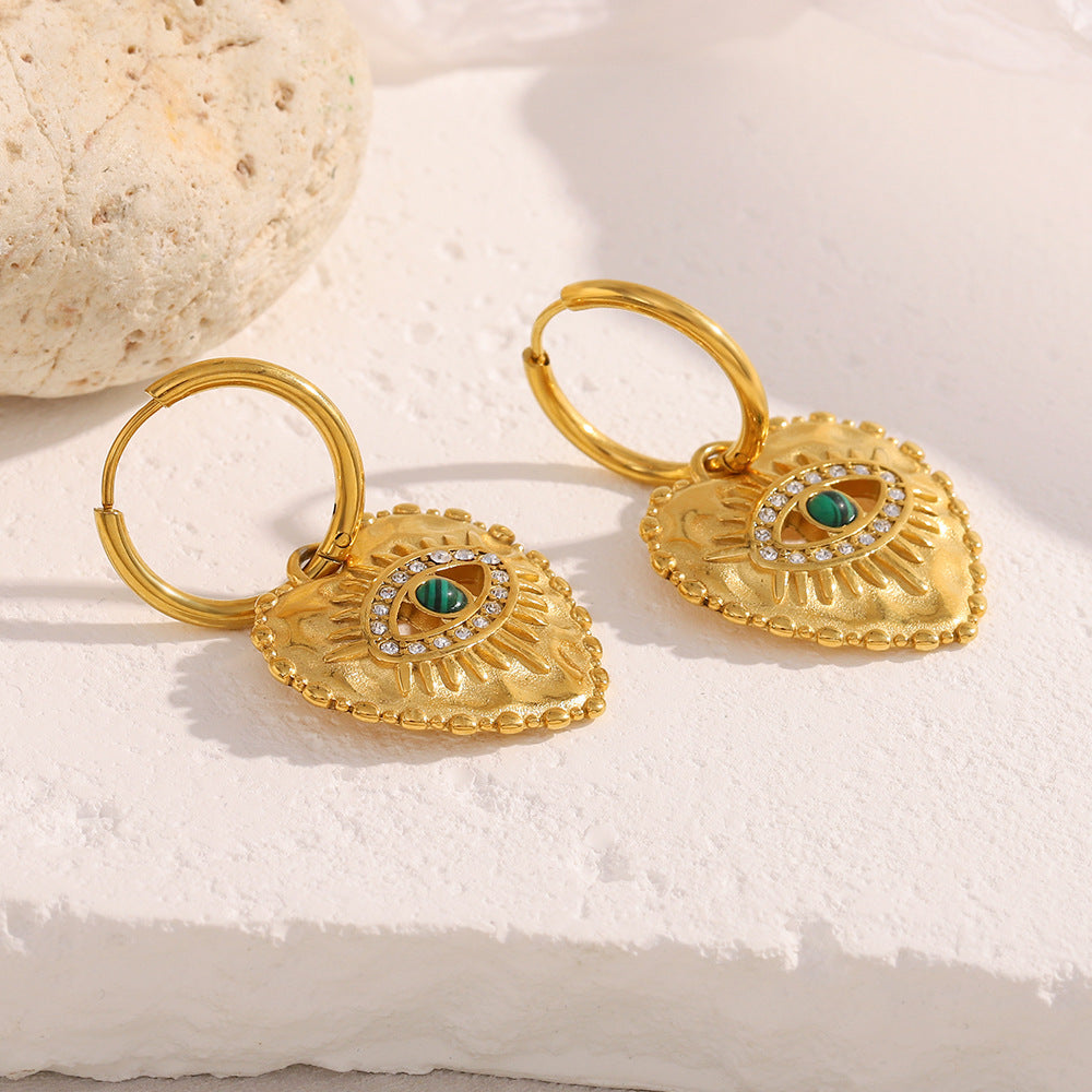 Heart Evil Eye 18K Gold CZ Stainless Steel Hoop Dangler Earring Bulk