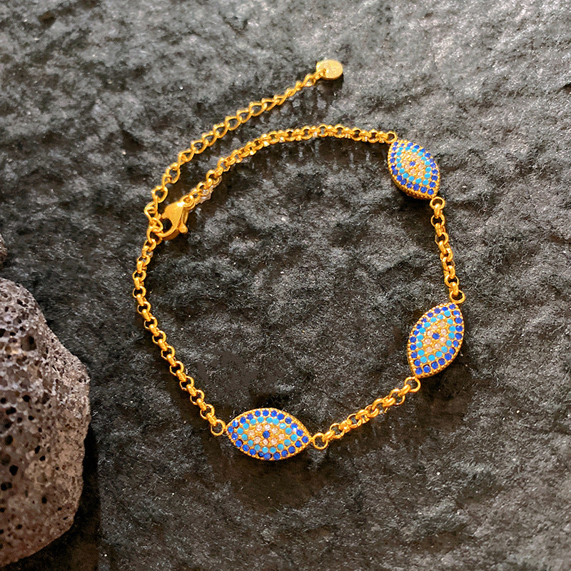 Blue Modern Evil Eye Oval Gold Plated CZ Stainless Steel Bracelet Bulk