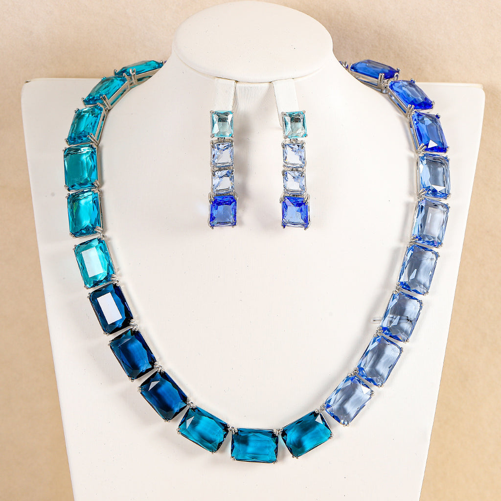 Blue White Rectangular Cut Silver CZ Copper Necklace Earring Set Bulk