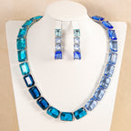 Blue White Rectangular Cut Silver CZ Copper Necklace Earring Set Bulk