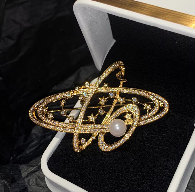 Gold Silver Saturn Planet Cubic Zirconia Copper Brooch For Women Bulk