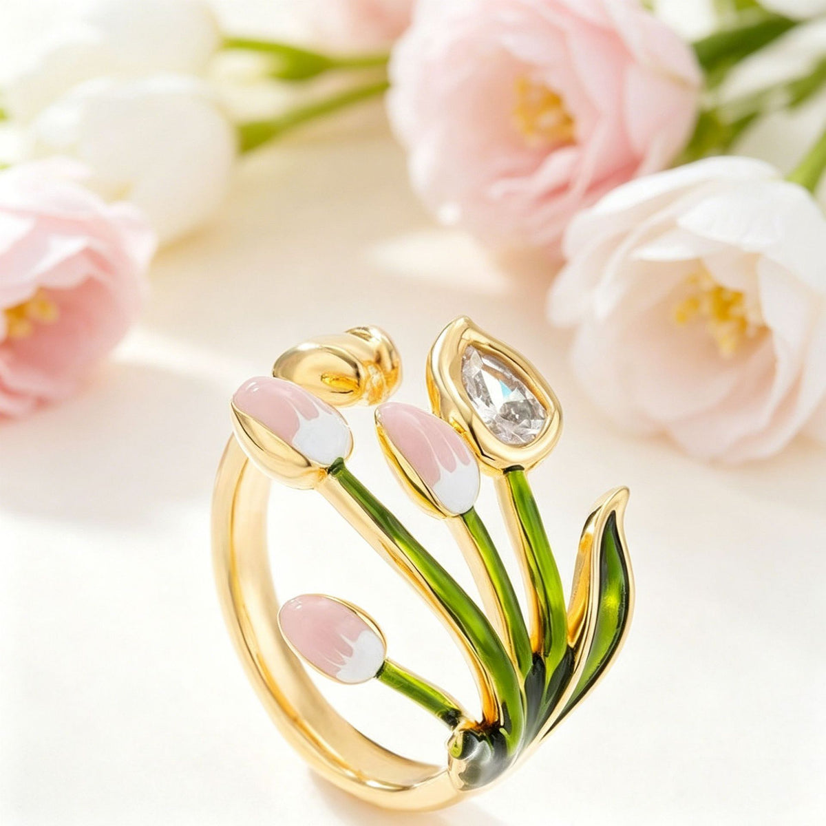 Pink Green Tulip Flower Gold Copper Anti Tarnish Adjustable Ring For Women Bulk