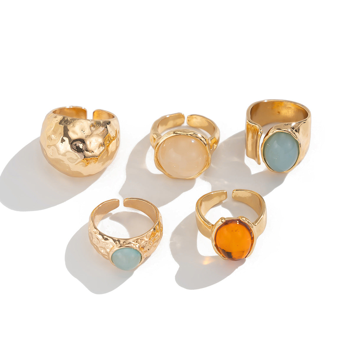 Beaten Finish Green Orange Gemstone Gold Ring Combo Pack Of 5 Bulk