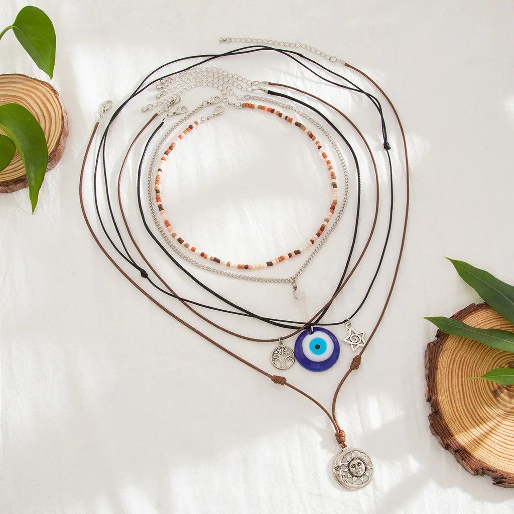 Star Moon Evil Eye Beads Silver Layer Necklace Pendant Chain Bulk