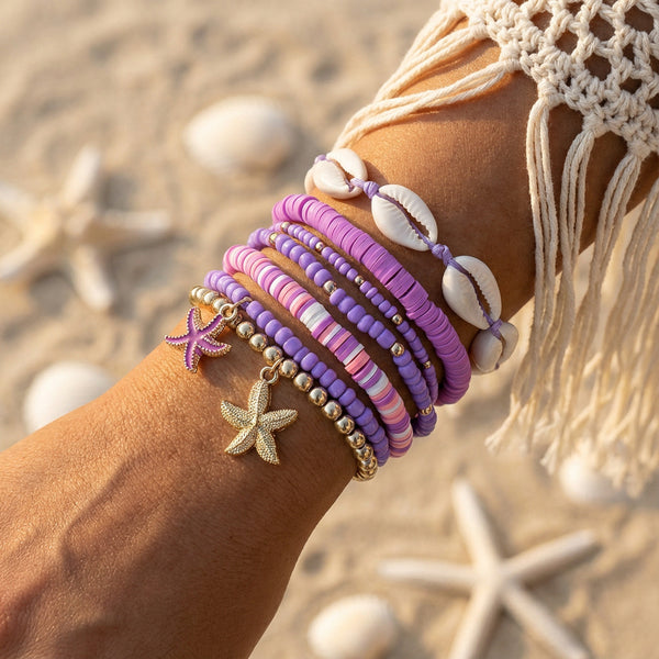 Purple Shell & Starfish Layered Gold Plated Beads Alloy Bracelet Bulk Main image