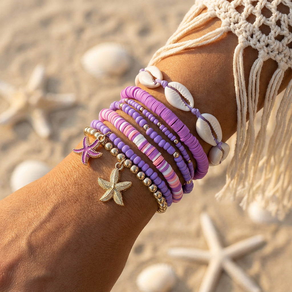 Purple Shell & Starfish Layered Gold Plated Beads Alloy Bracelet Bulk