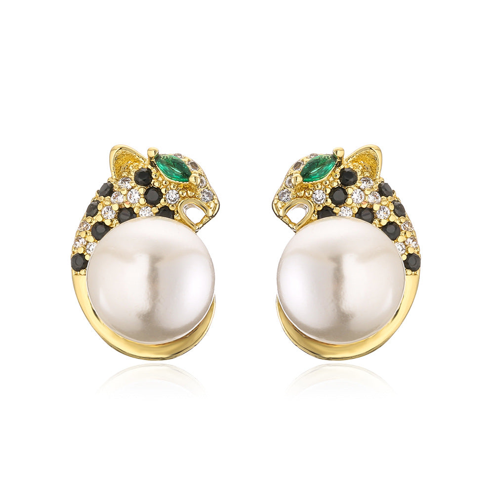 Panther Cubic Zirconia Pearl 18K Gold Anti Tarnish Stud Earring Bulk