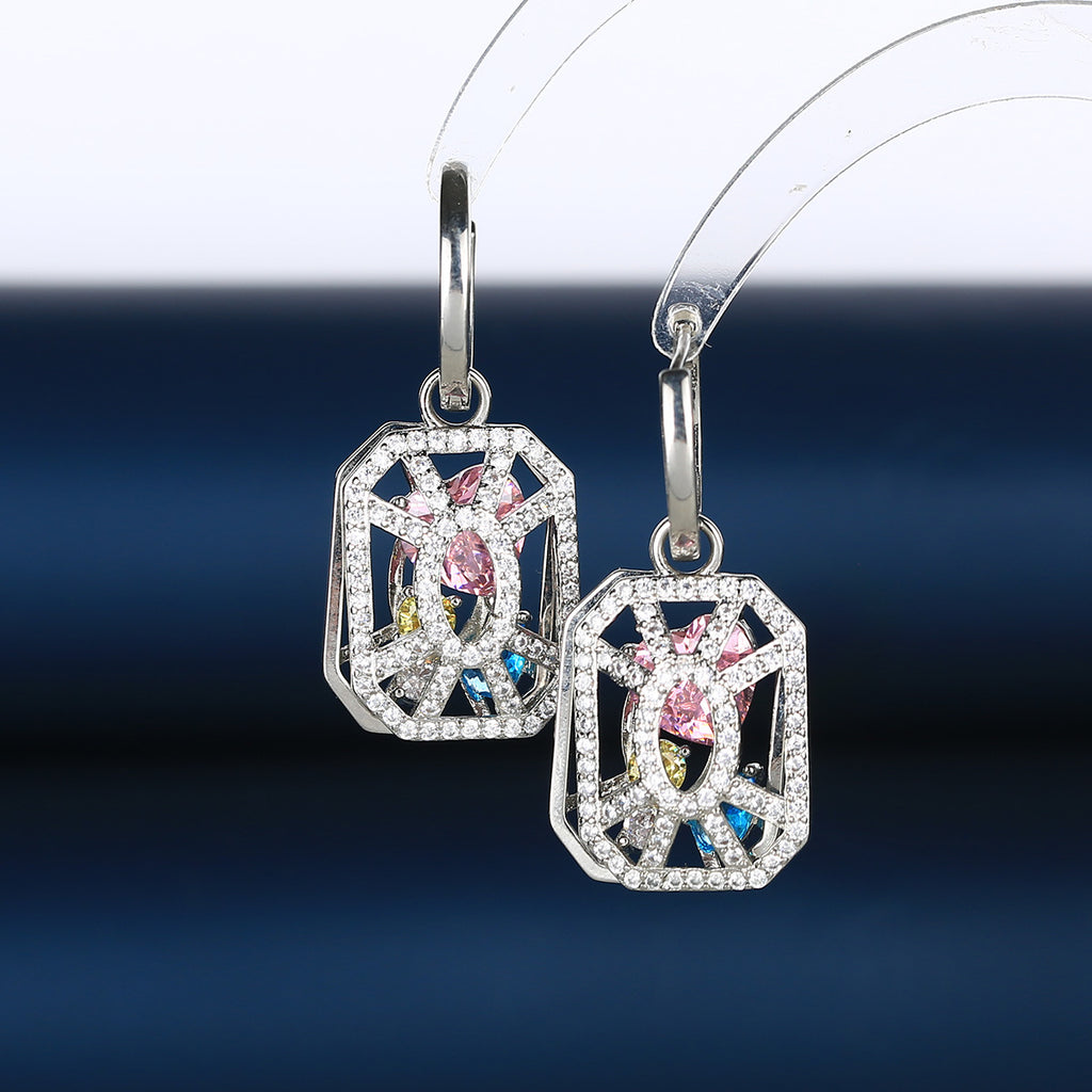 Trendy Openwork Hexagon Silver Plated CZ Copper Hoop Earrings Bulk