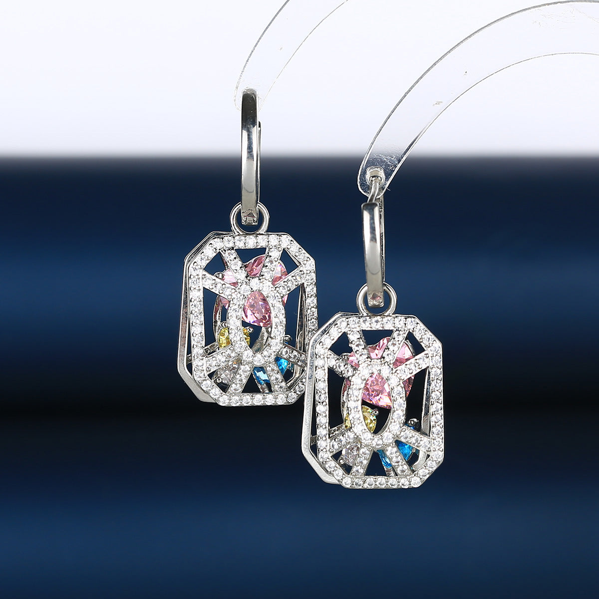 Trendy Openwork Hexagon Silver Plated CZ Copper Hoop Earrings Bulk