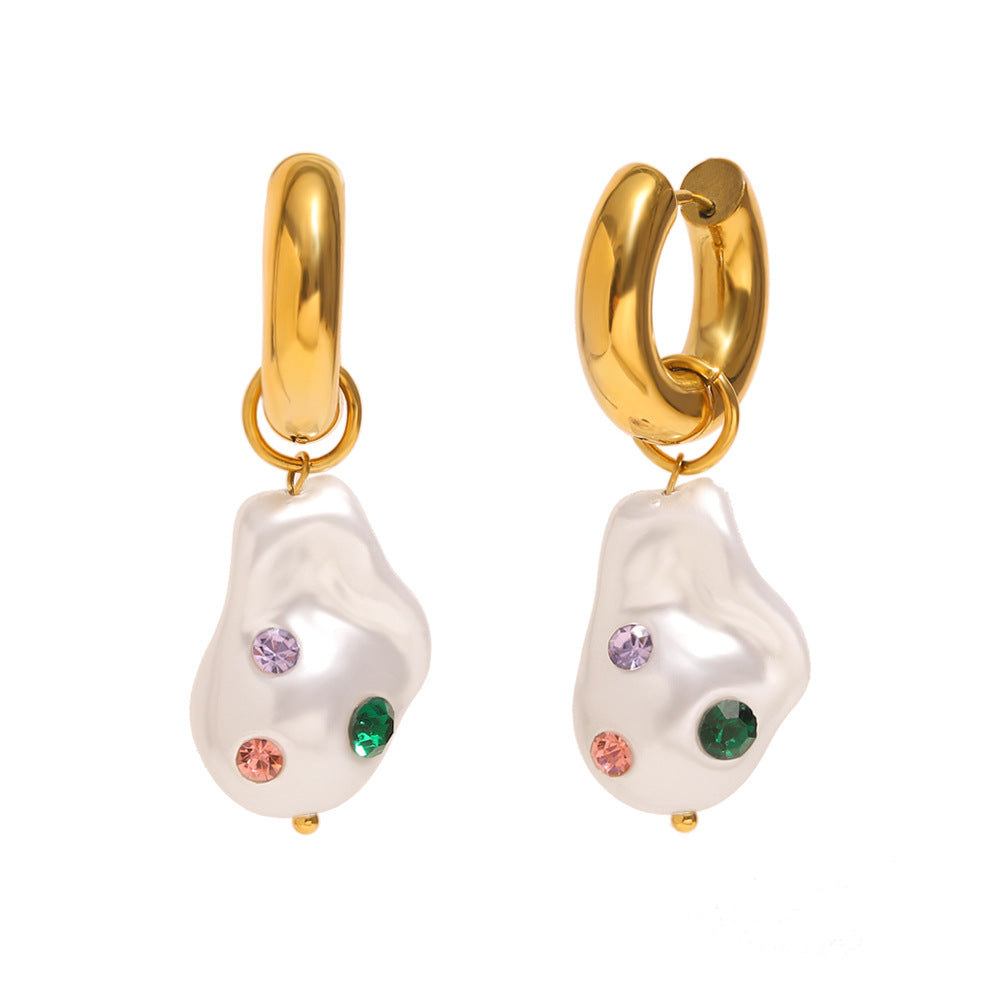 Pearl Multi Gemstone 18K Gold White Stainless Steel Anti Tarnish Hoop Dangler Earring For Women