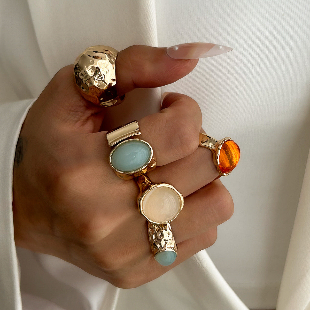 Beaten Finish Green Orange Gemstone Gold Ring Combo Pack Of 5 Bulk