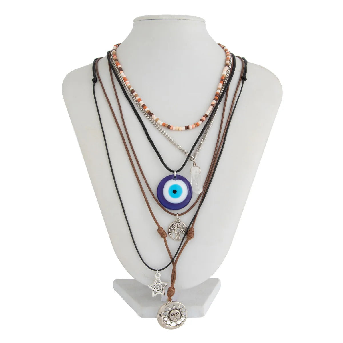 Star Moon Evil Eye Beads Silver Layer Necklace Pendant Chain Bulk
