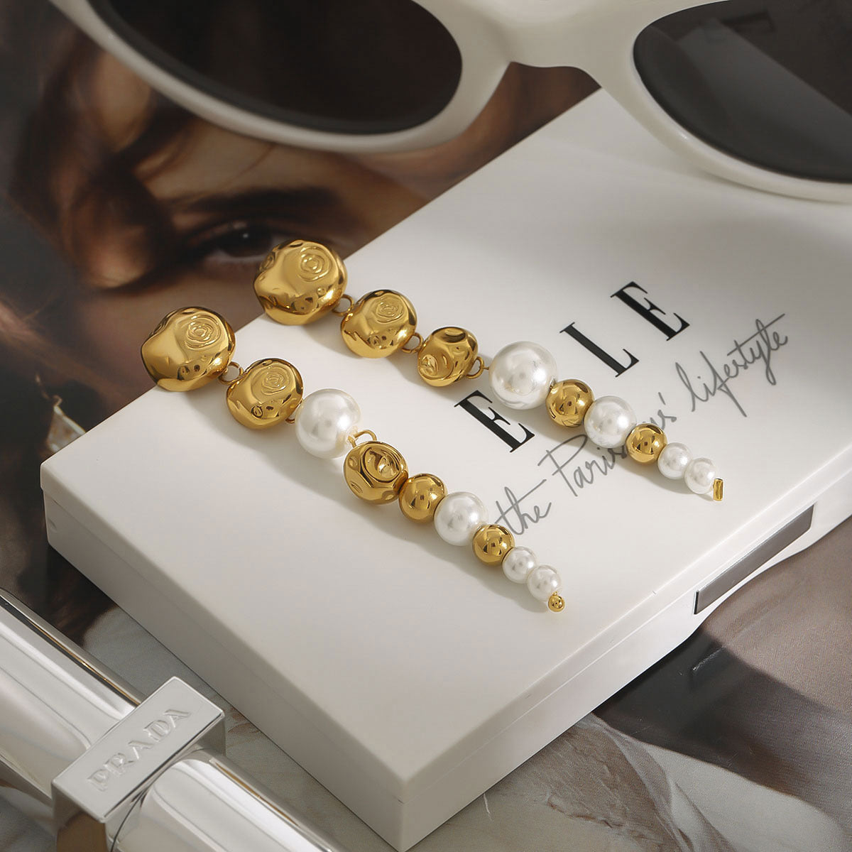 Beads Pearl 18K Gold White Anti Tarnish Stainless Steel Dangler Drop Earrings For Women Main image