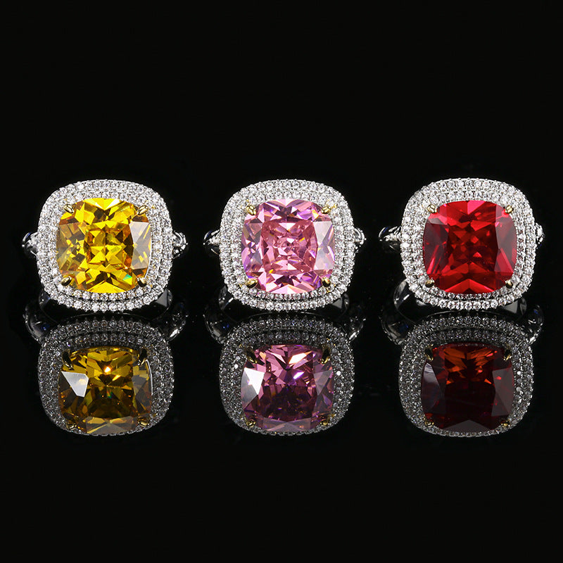 Square CZ Red Pink Yellow Silver Anti Tarnish Adjustable Ring Bulk Main image