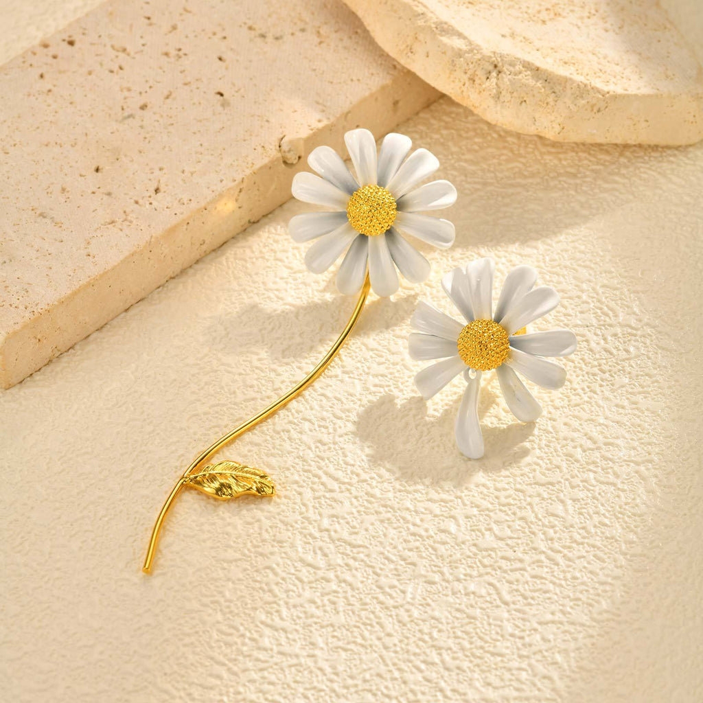 Bulk White Floral Daisy Style Gold Enamel Stainless Steel Drop Earrings