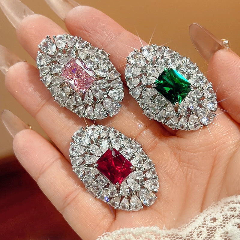 Oval Silver Red Green Pink Cubic Zirconia Crystal Adjustable Ring Bulk Main image