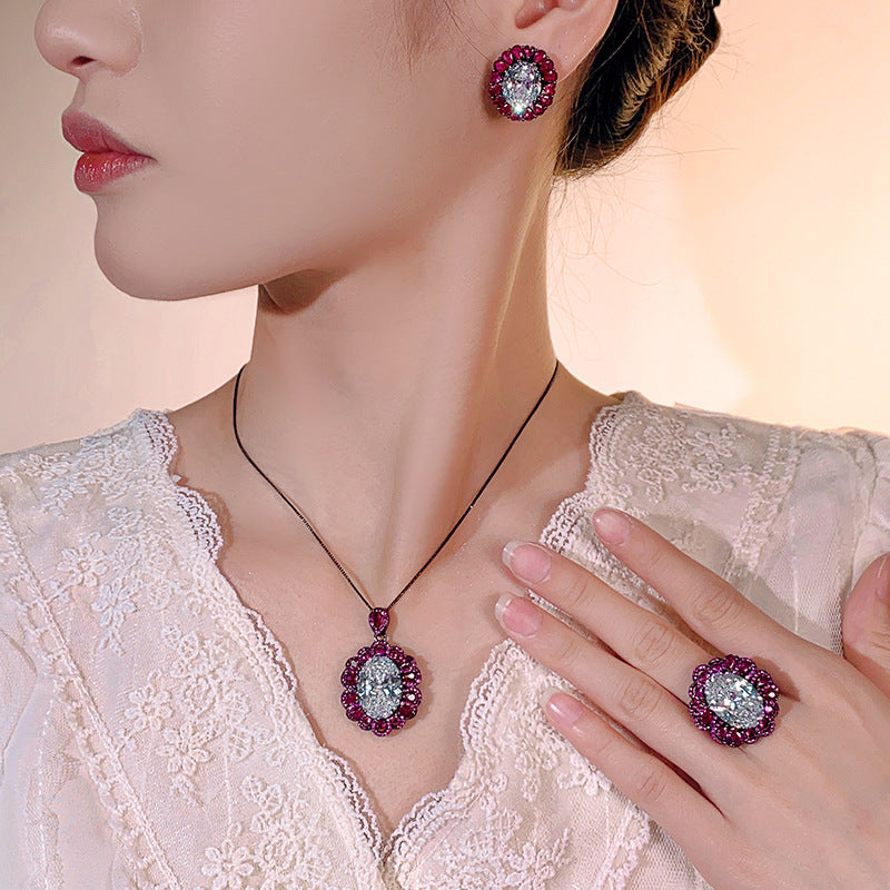 Oval Cluster Black CZ Anti Tarnish Copper Necklace Combo Set Wholesale