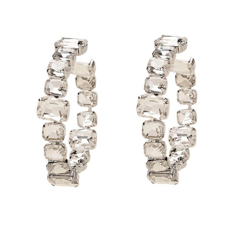Square Rectangle Rhinestone Gold Silver Hoop Earring For Women
