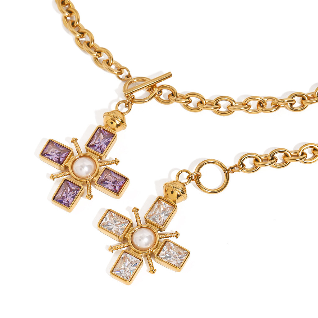 Cross Rectangle Solitaire 18K Gold Cubic Zirconia Pearl Anti Tarnish Stainless Steel Necklace Pendant Chain For Women