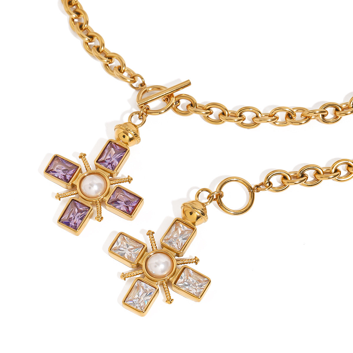 Cross Rectangle Solitaire 18K Gold Cubic Zirconia Pearl Anti Tarnish Stainless Steel Necklace Pendant Chain For Women