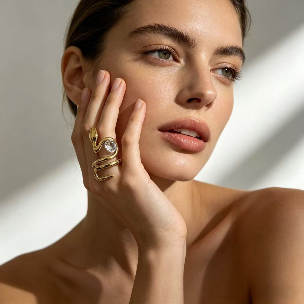 Designer Serpent Style Gold Silver CZ Copper Adjustable Ring Bulk