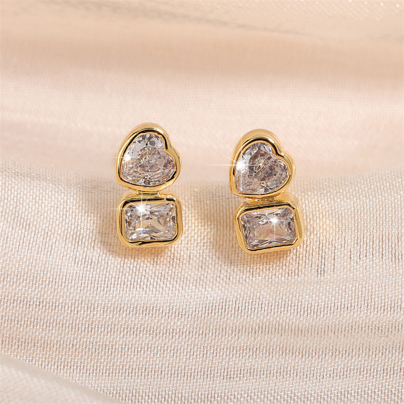 Gold Plated Anti Tarnish Copper Heart Square CZ Stud Earrings Bulk Main image