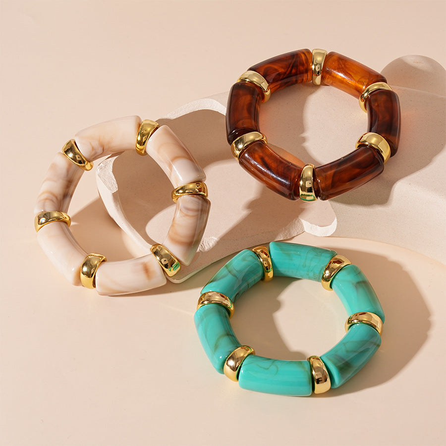 Acrylic Bamboo 18K Gold Blue Beads Stackable Adjustable Bracelet Bulk