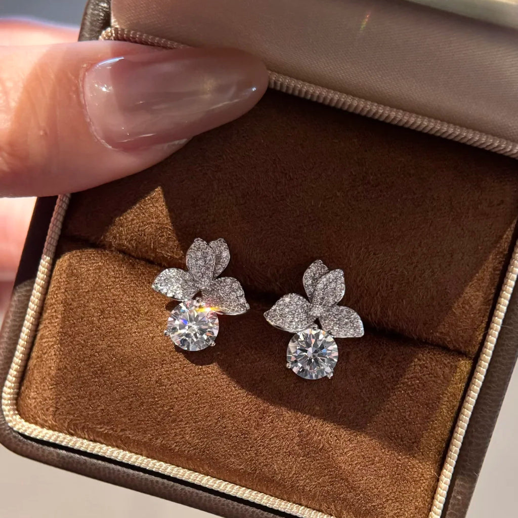 Luxury Petal Design Silver CZ Anti Tarnish Copper Stud Earrings Bulk