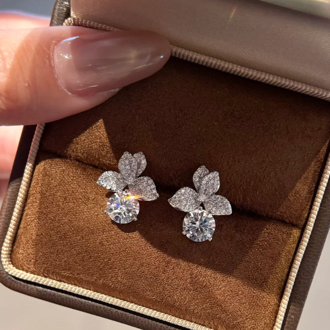 Luxury Petal Design Silver CZ Anti Tarnish Copper Stud Earrings Bulk