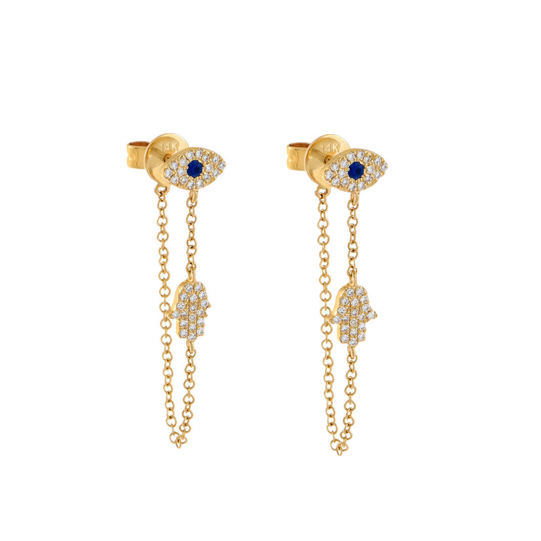 Gold Silver Evil Eye Hamsa Chain Cubic Zirconia Copper Drop Earrings Bulk