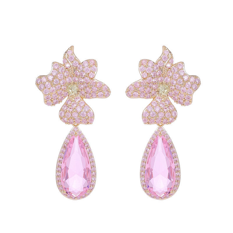 Floral Flower 18K Gold Plated Blue Yellow Pink Crystals Copper Drop Dangler Earrings For Women