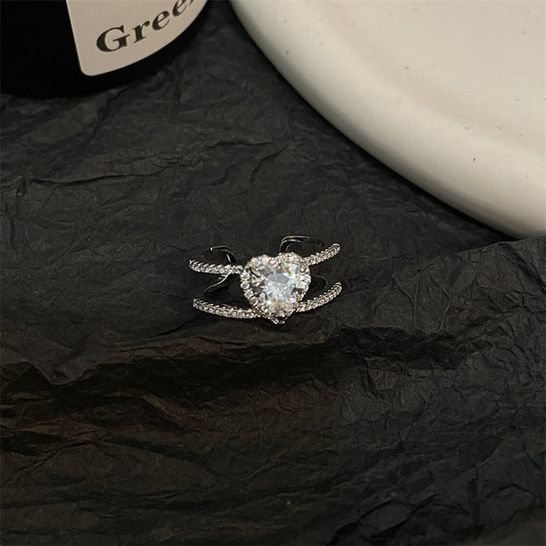 Luxury Silver Plated Heart White CZ Double Band Copper Cocktail Ring Bulk Secondary image