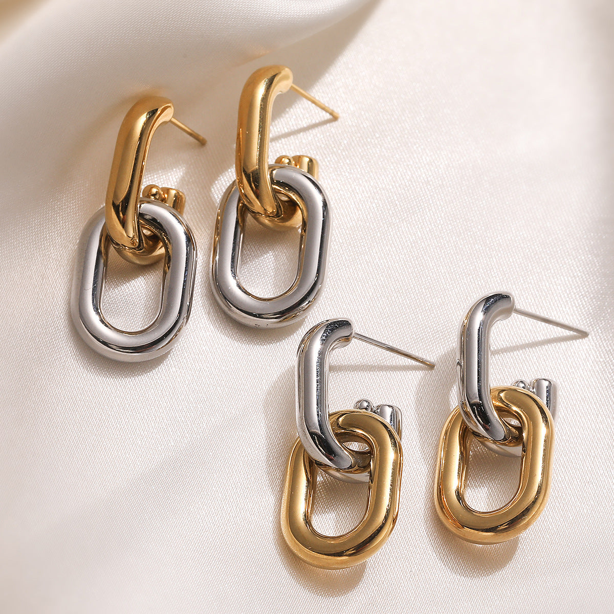 Gold Silver Dual Tone Chain Link Copper Drop Earrings For Women Bulk Secondary image