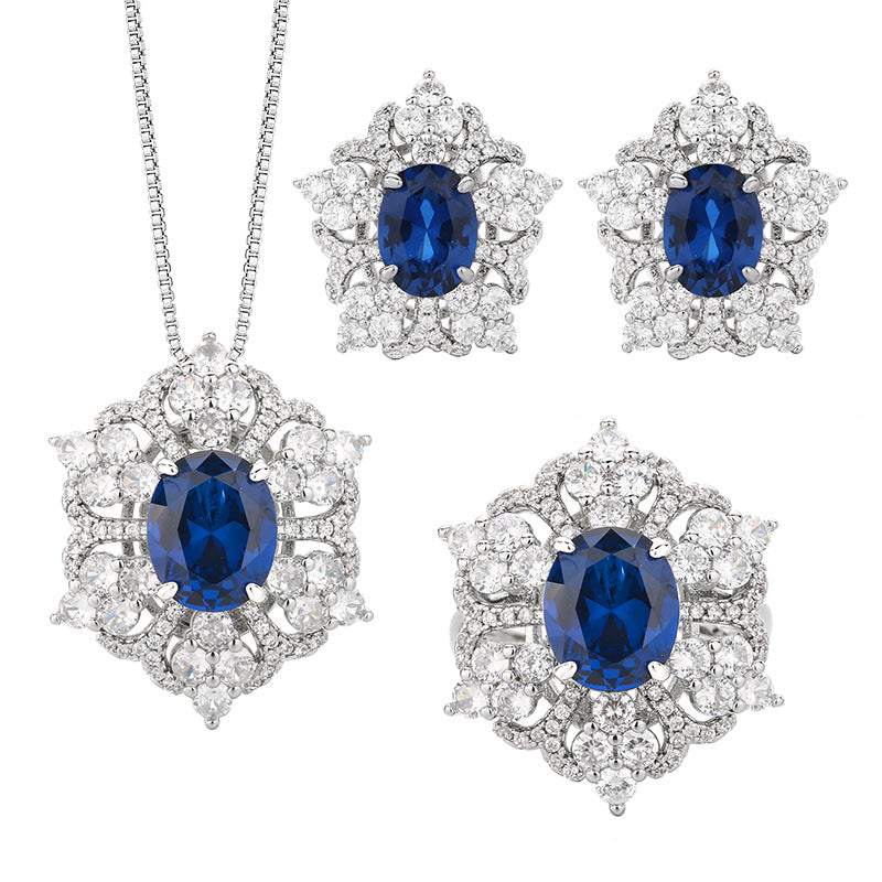 Flower Red Gemstone Silver CZ Necklace Earring Ring Set Bulk