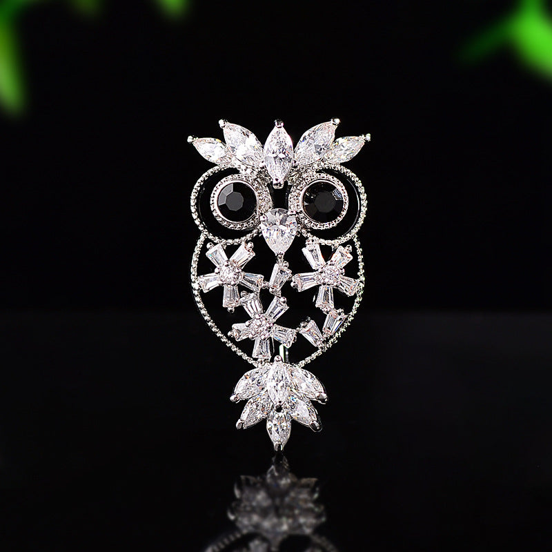 Designer Owl Style Gold Silver Black Crystal CZ Copper Brooch Wholesale