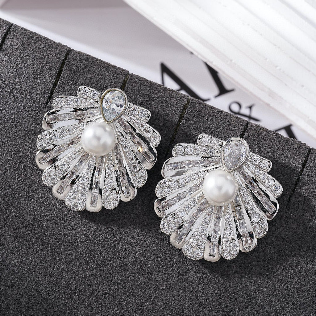Shell Gold Silver CZ Pearl Anti Tarnish Copper Stud Earrings Bulk